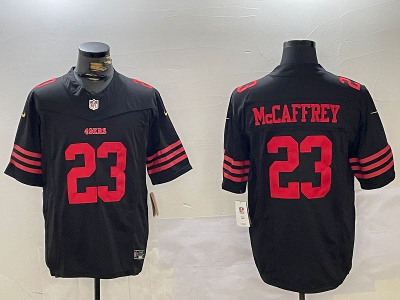 Men San Francisco 49ers #23 Mccaffrey Black Three generations 2024 Nike Vapor Limited NFL Jersey style 1